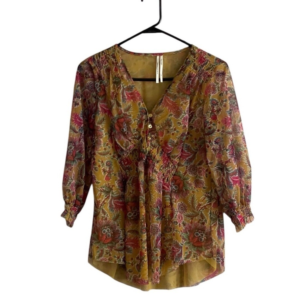 By Anthropologie Gretchen Floral Gold Mesh V-Neck Smocked Blouse Small Boho